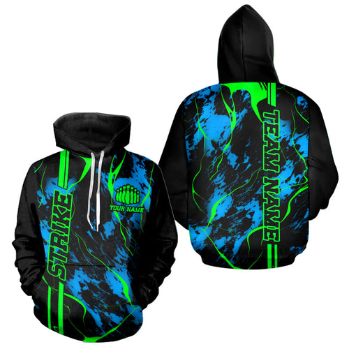 Black, Green And Blue Strike Bowling Hoodie Shirts, Custom Men And Womens Bowling Team Jerseys IPHW5263