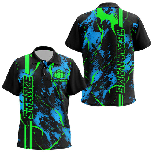 Black, Green And Blue Strike Bowling Polo Shirts, Custom Kids Bowling Team Jerseys IPHW5263