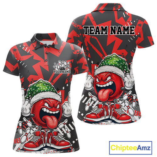 Custom Funny Christmas Bowling Women Polo Shirts, Crazy Bowling Ball Xmas Outfit IPHW10130
