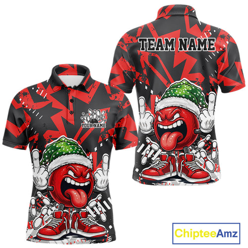Custom Funny Christmas Bowling Men Polo Shirts, Crazy Bowling Ball Xmas Outfit IPHW10130