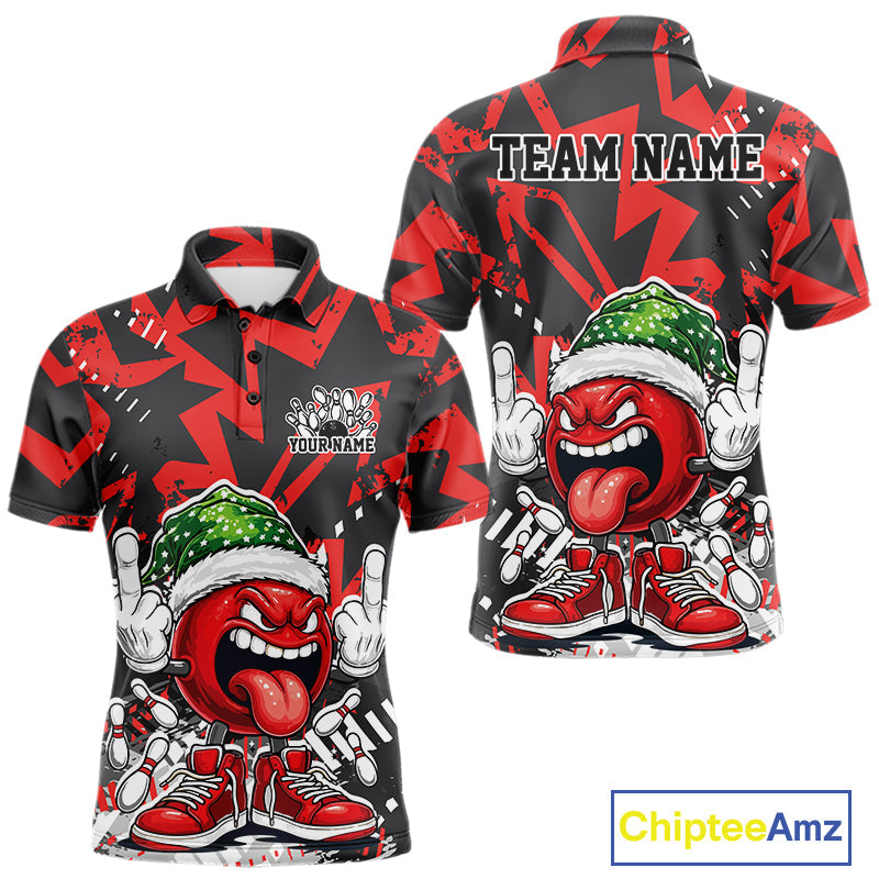 Custom Funny Christmas Bowling Men Polo Shirts, Crazy Bowling Ball Xmas Outfit IPHW10130