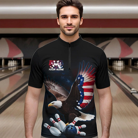 American Flag Eagle Custom Patriotic Bowling Quarter-Zip Shirts For Men, US Bowling League Shirt IPHW8392