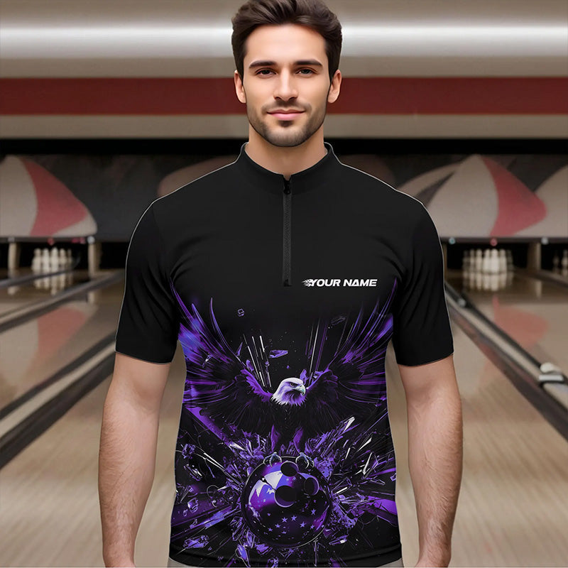 Black And Purple Eagle Break Glass Custom Bowling Quarter-Zip Shirts For Men, Bowling Team Shirt IPHW8397
