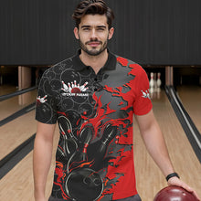Load image into Gallery viewer, Custom Black And Red Flame Bowling Polo Shirts For Men, Bowling Tournament Team Uniform IPHW8616