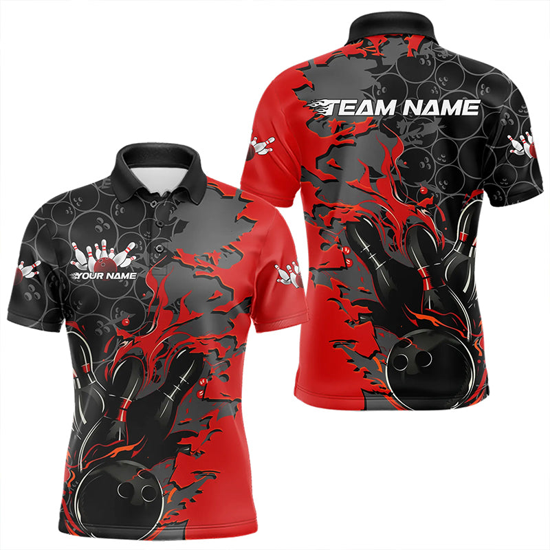 Custom Black And Red Flame Bowling Polo Shirts For Men, Bowling Tournament Team Uniform IPHW8616
