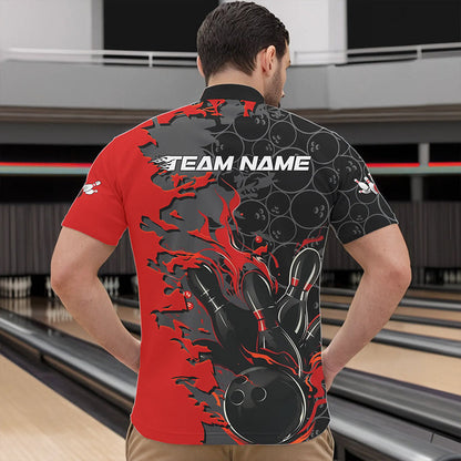 Custom Black And Red Flame Bowling Quarter-Zip Shirts For Men, Bowling Tournament Team Uniform IPHW8616