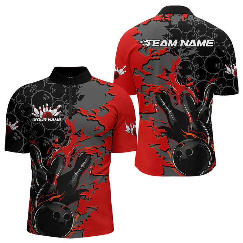 Custom Black And Red Flame Bowling Quarter-Zip Shirts For Men, Bowling Tournament Team Uniform IPHW8616