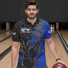 Load image into Gallery viewer, Custom Black And Blue Flame Bowling Polo Shirts For Men, Bowling Tournament Team Uniform IPHW8617