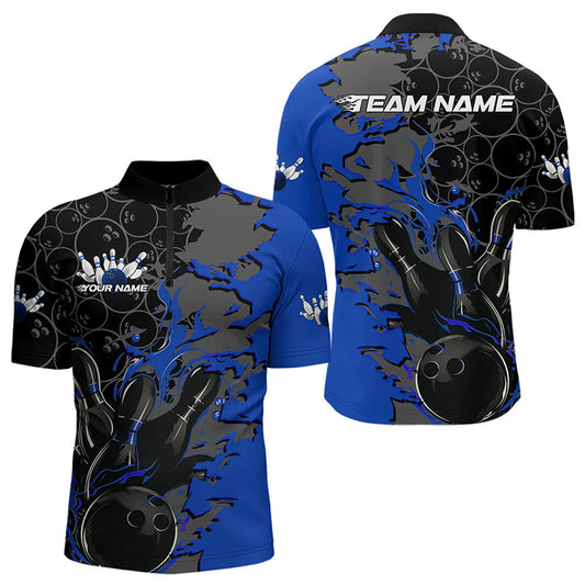 Custom Black And Blue Flame Bowling Quarter-Zip Shirts For Men, Bowling Tournament Team Uniform IPHW8617