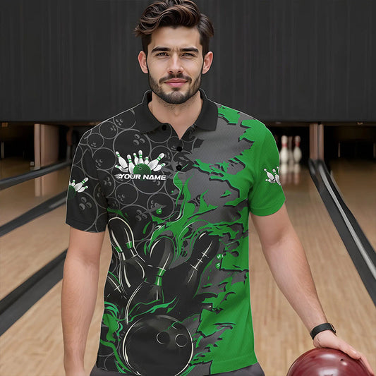Custom Black And Green Flame Bowling Polo Shirts For Men, Bowling Tournament Team Uniform IPHW8618