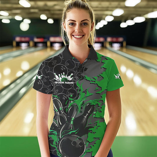 Custom Black And Green Flame Bowling Polo Shirts For Women, Bowling Tournament Team Uniform IPHW8618
