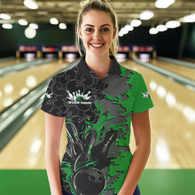 Load image into Gallery viewer, Custom Black And Green Flame Bowling Polo Shirts For Women, Bowling Tournament Team Uniform IPHW8618