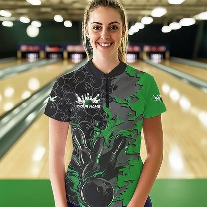 Custom Black And Green Flame Bowling Womens Quarter-Zip Shirt, Bowling Tournament  Uniform IPHW8618