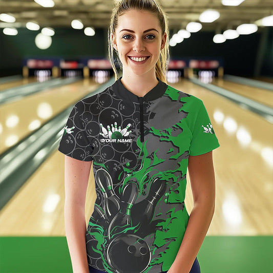 Custom Black And Green Flame Bowling Womens Quarter-Zip Shirt, Bowling Tournament  Uniform IPHW8618