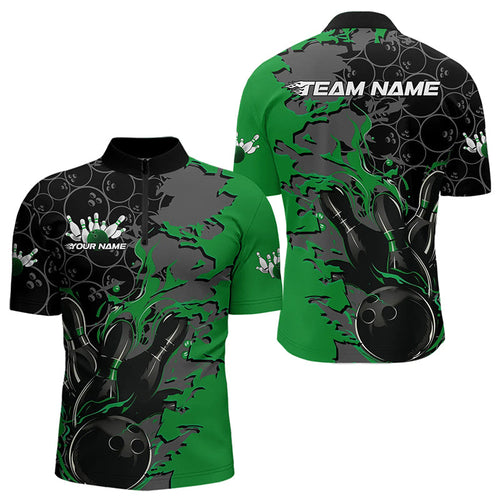 Custom Black And Green Flame Bowling Quarter-Zip Shirts For Men, Bowling Tournament Team Uniform IPHW8618