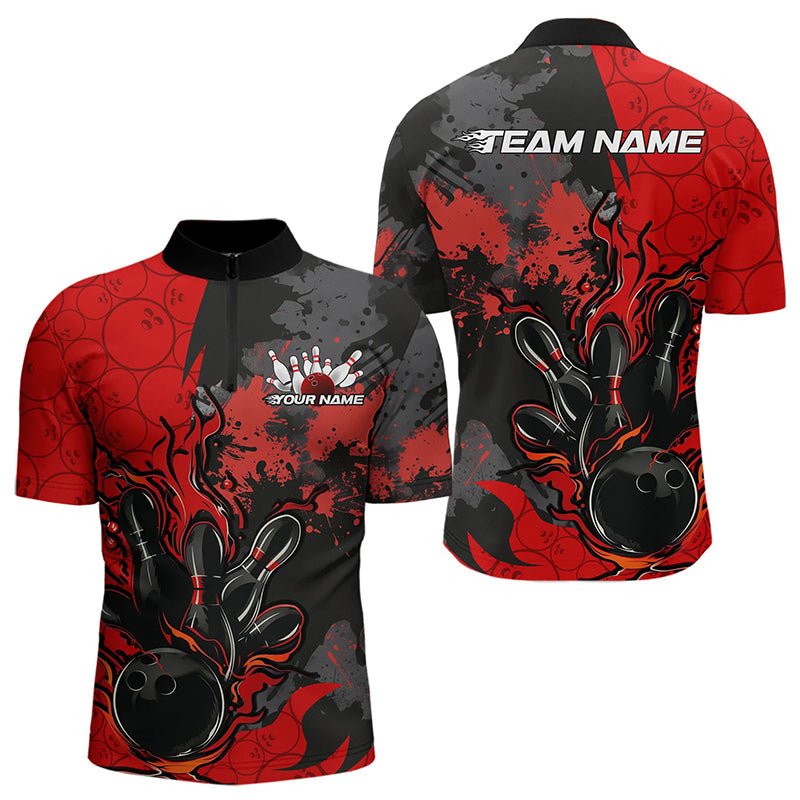 Custom Black And Red Splatter Camo Flame Bowling Quarter-Zip Shirts For Men, Bowling Team Uniform IPHW8625