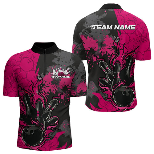 Custom Black And Pink Splatter Camo Flame Bowling Quarter-Zip Shirts For Men, Bowling Team Uniform IPHW8626