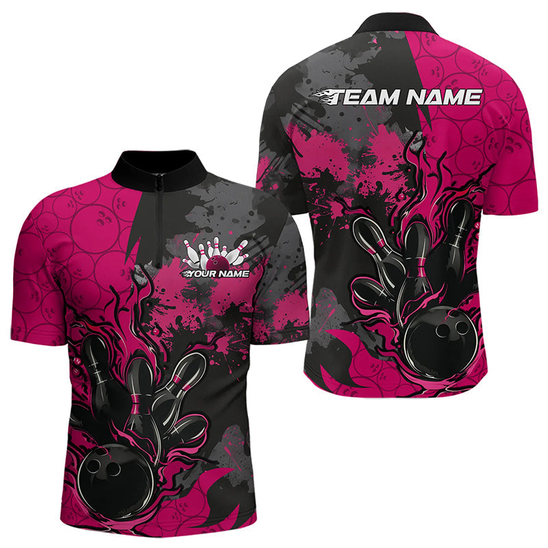 Custom Black And Pink Splatter Camo Flame Bowling Quarter-Zip Shirts For Men, Bowling Team Uniform IPHW8626