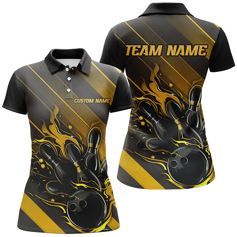 Black And Gold Custom Bowling Team Shirts For Women, Bowling Tournament Jerseys IPHW6446