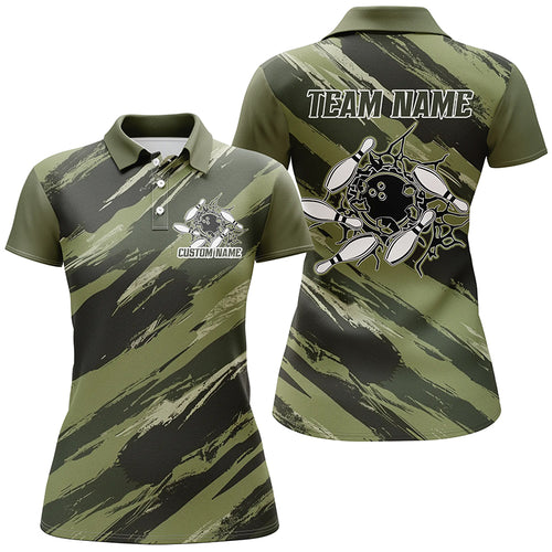 Custom Navy Green Camo Bowling Shirts For Women, Bowling Strike Team Shirts IPHW6449