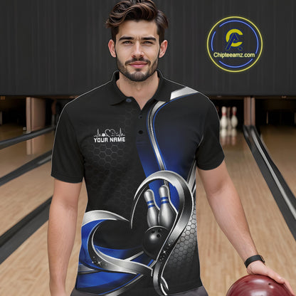 Male model in a bowling lane wearing a black and blue polo shirt with honeycomb design and a heart-framed bowling ball hitting pins graphic.