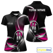 Load image into Gallery viewer, Custom Black And Pink Heart Bowling Women Polo Shirt, Hexagon Bowling Team Jerseys IPHW11309