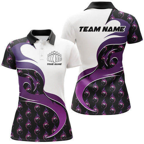 Customized Purple Flame Bowling Polo Shirts For Women, Bowling Team Shirts Outfit Bowling IPHW6972
