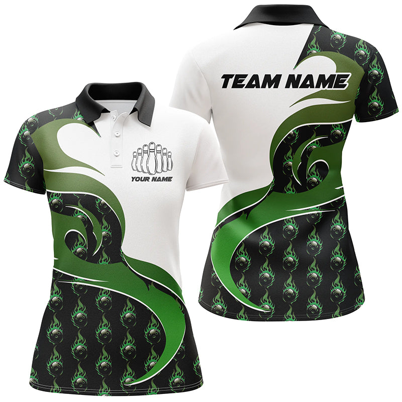 Customized Green Flame Bowling Polo Shirts For Women, Bowling Team Shirts Outfit Bowling IPHW6973