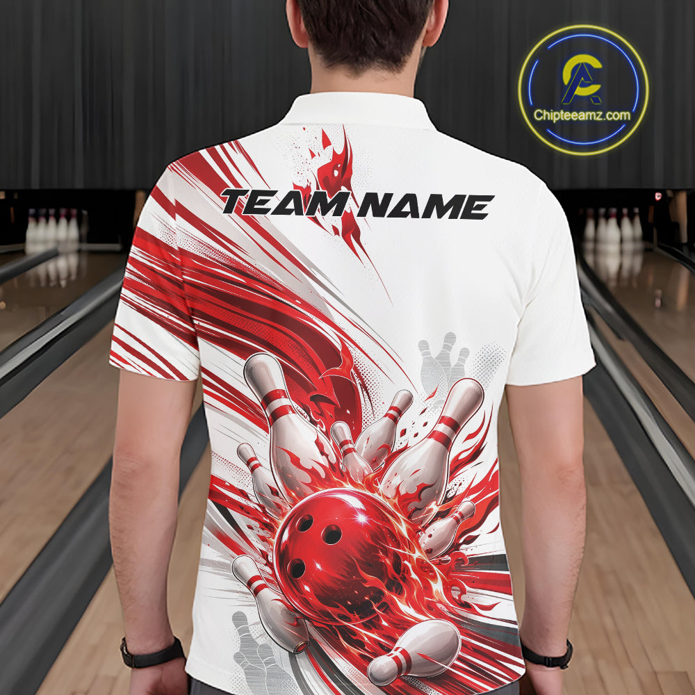 Custom White And Red Flame Bowling Team Jerseys, Bowling League Men Polo Shirt IPHW11642
