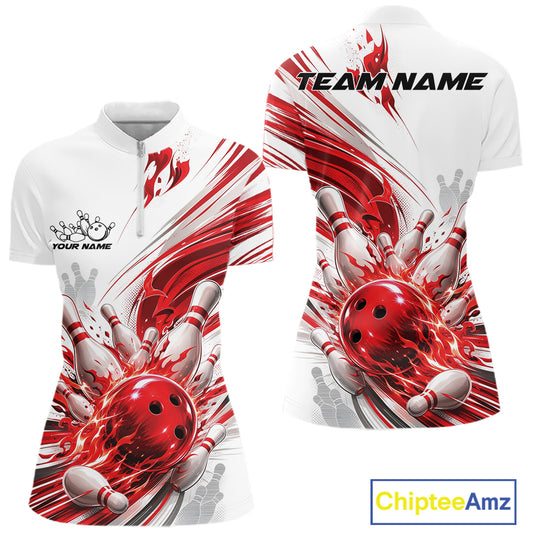 Front and back views of a short-sleeve polo shirt with a bowling-themed graphic print. The design features a red bowling ball, bowling pins, and red and white abstract streaks on a white base.