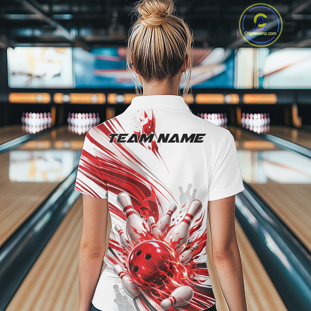 Custom White And Red Flame Bowling Team Jerseys, Bowling League Women Quarter-Zip Shirt IPHW11642