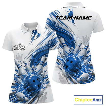 Custom White And Blue Flame Bowling Team Jerseys, Bowling League Women Polo Shirt IPHW11643