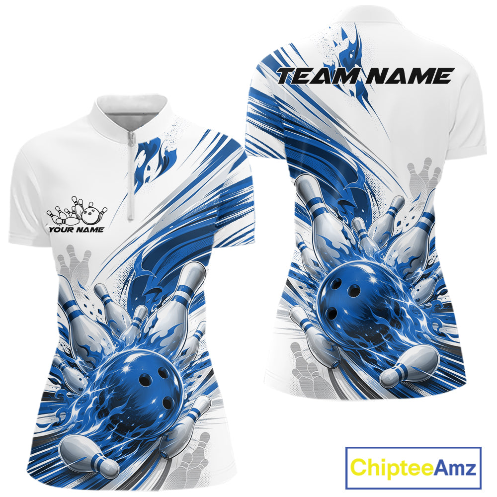 Custom White And Blue Flame Bowling Team Jerseys, Bowling League Women Quarter-Zip Shirt IPHW11643