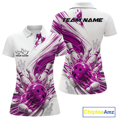 Custom White And Purple Flame Bowling Team Jerseys, Bowling League Women Polo Shirt IPHW11644