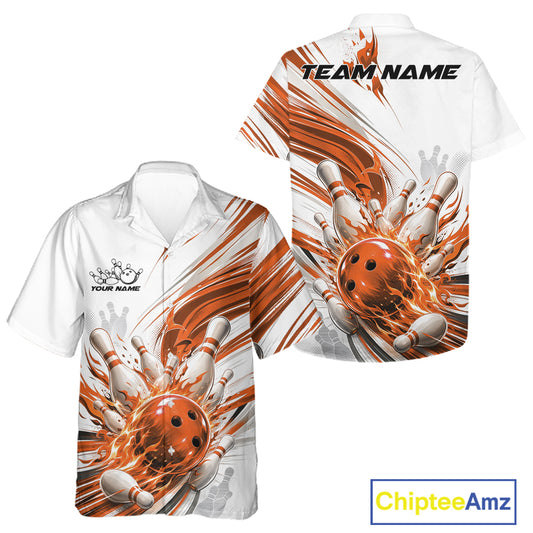 White short-sleeve bowling-themed button-up shirt shown from the front and back, featuring an orange bowling ball striking multiple pins with orange streak graphics. Custom text placeholders read 'TEAM NAME' on the back and 'FOURTH NAME' on the front.