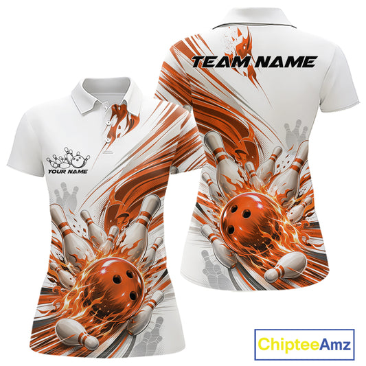 White short-sleeve polo shirt shown from front and back with a bold bowling graphic featuring a red ball, white bowling pins, and red brushstroke effects. The front has a small crown logo with placeholder text, the back has 'TEAM NAME' across the chest