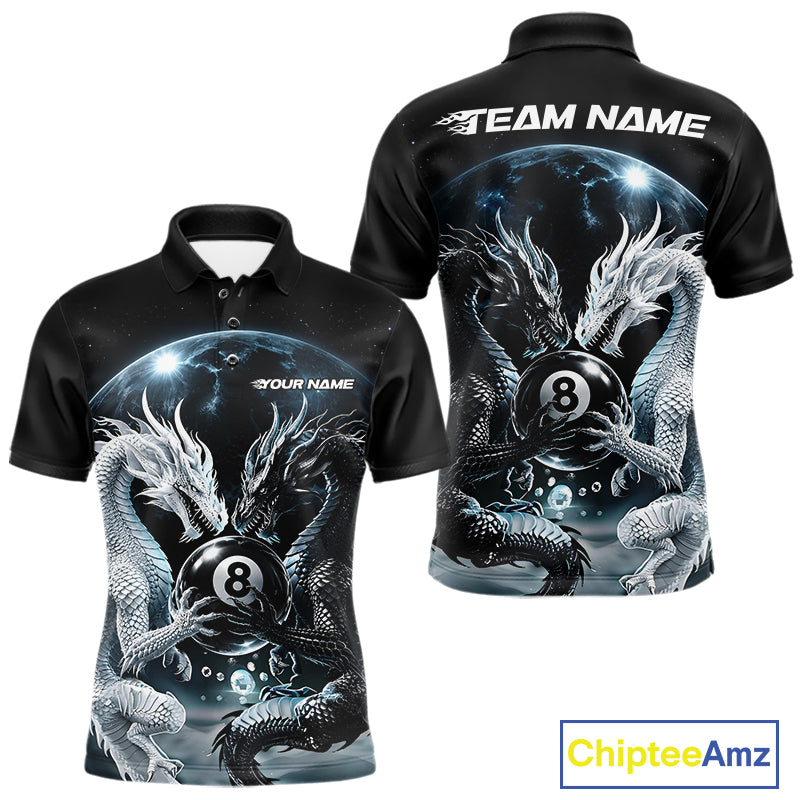 Custom Black And White Dragon 8 Ball Billiard Polo Shirt For Men, Dragon Pool Shirt IPHW11652