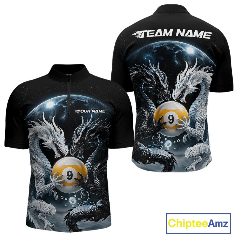 Custom Black And White Dragon 9 Ball Billiard Quarter Zip Shirt For Men, Dragon Pool Shirt IPHW11653