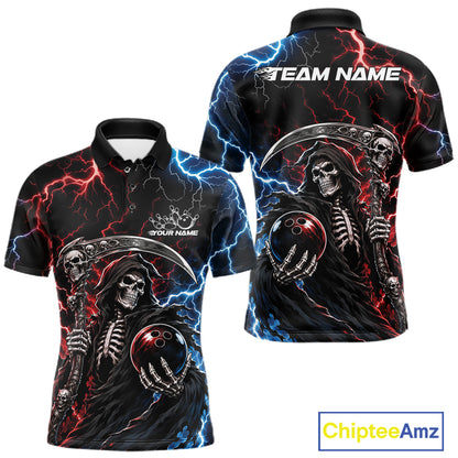 Custom Blue And Red Lightning Grim Reaper Skull Bowling Halloween Men Polo Shirt IPHW11654
