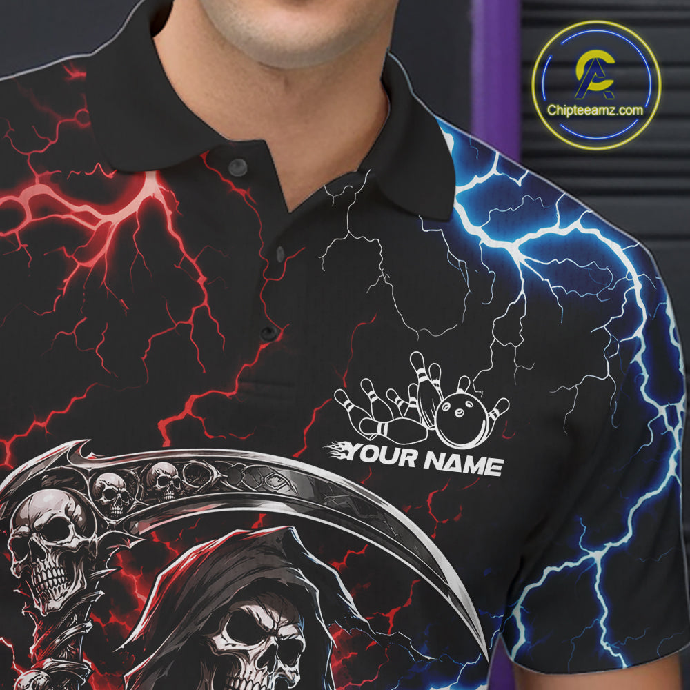Custom Blue And Red Lightning Grim Reaper Skull Bowling Halloween Men Polo Shirt IPHW11654