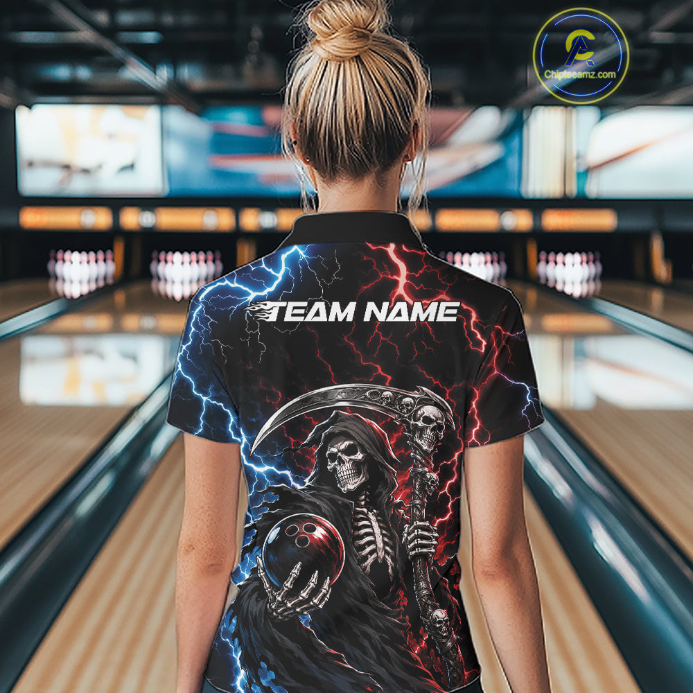 Custom Blue And Red Lightning Grim Reaper Skull Bowling Halloween Women Polo Shirt IPHW11654