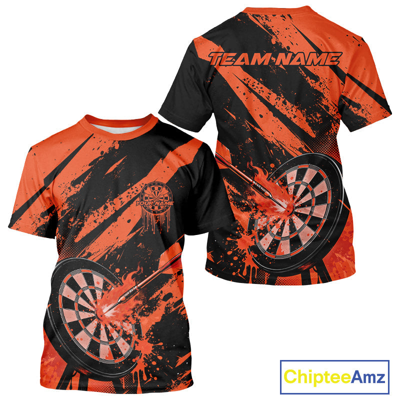 Custom Grunge Black And Orange Dart Jerseys, Flame Dart Tip Hit Bullseye Men T-Shirts IPHW10058