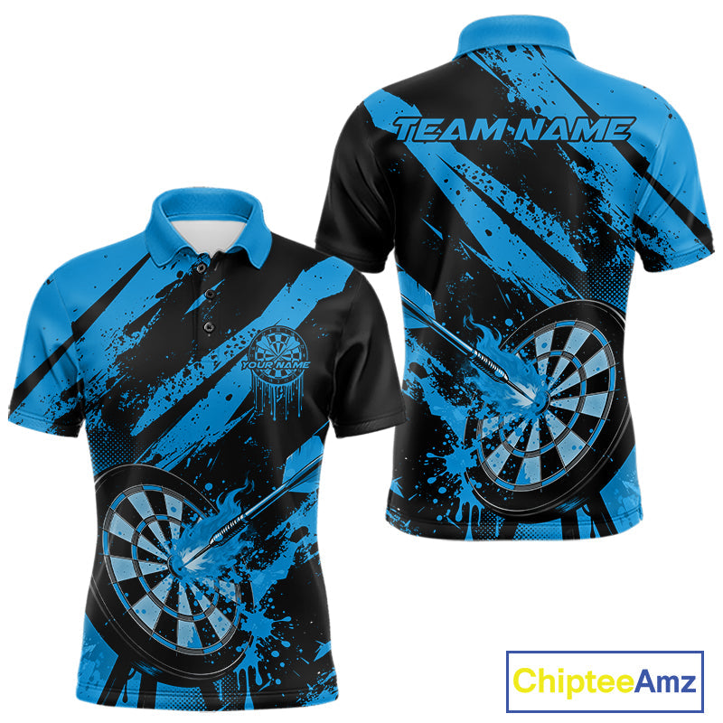 Custom Grunge Black And Blue Dart Jerseys, Flame Dart Tip Hit Bullseye Men Polo Shirt IPHW10059
