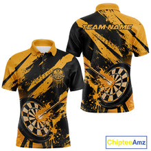 Load image into Gallery viewer, Custom Grunge Black And Yellow Dart Jerseys, Flame Dart Tip Hit Bullseye Men Polo Shirt IPHW10060