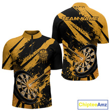 Load image into Gallery viewer, Custom Grunge Black And Yellow Dart Jerseys, Flame Dart Tip Hit Bullseye Men Quarter-Zip Shirt IPHW10060