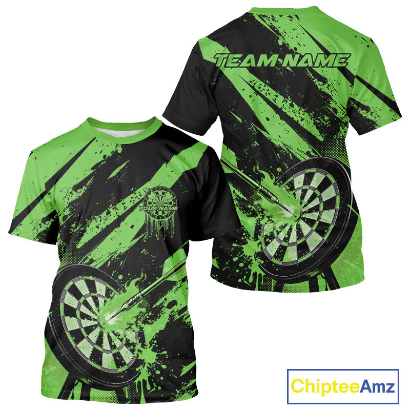 Custom Grunge Black And Green Dart Jerseys, Flame Dart Tip Hit Bullseye Men T-Shirts IPHW10061