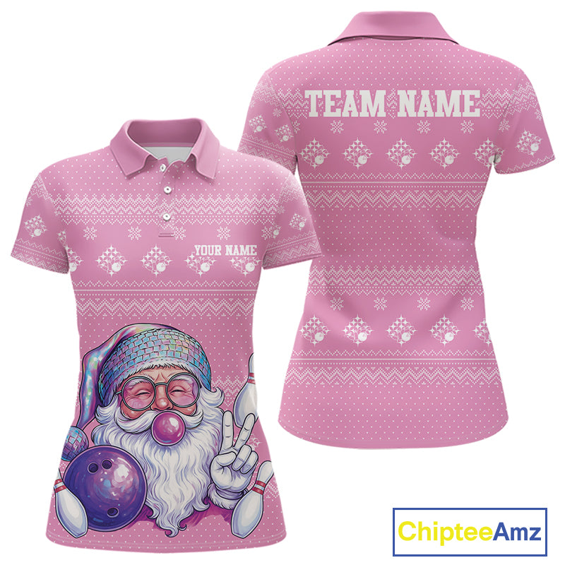 Custom Funny Santa Christmas Women Bowling Polo Shirts, Pink Xmas Bowling Team Outfit IPHW10140
