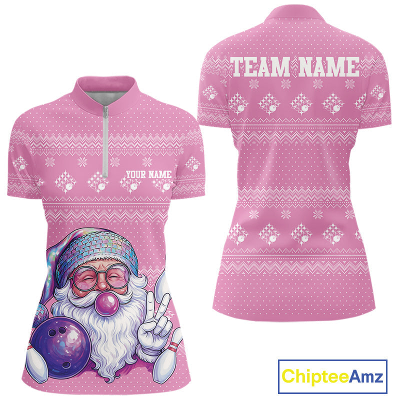 Custom Funny Santa Christmas Women Bowling Quarter-Zip Shirts, Pink Xmas Team Outfit IPHW10140