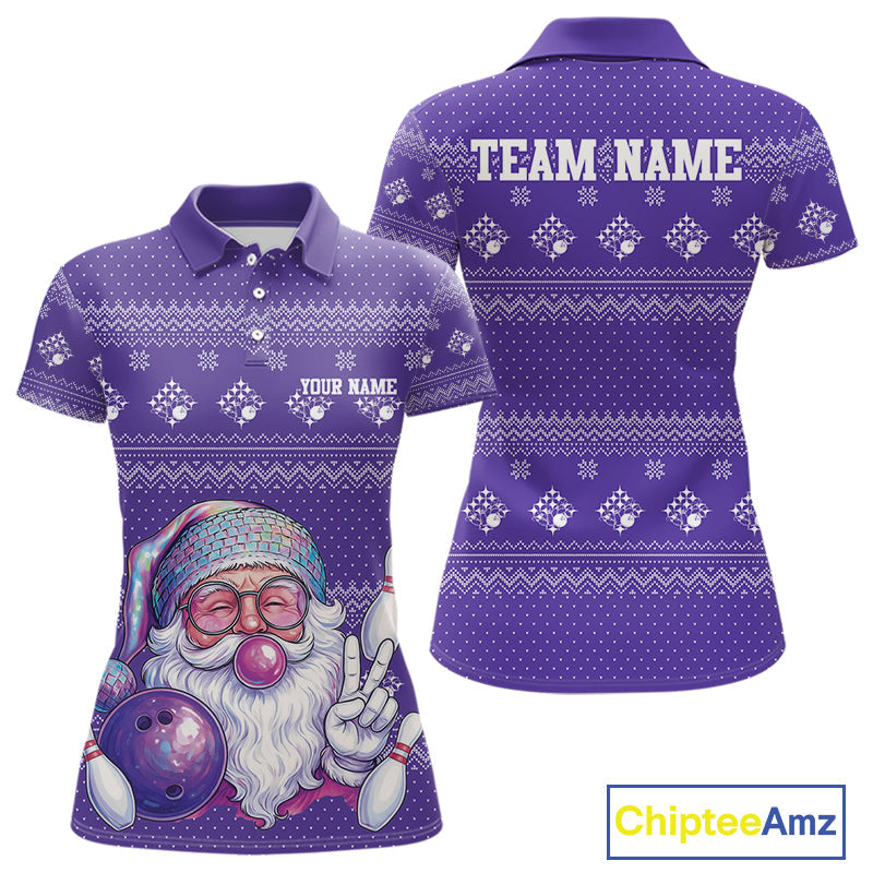 Custom Funny Santa Christmas Women Bowling Polo Shirts, Purple Xmas Bowling Team Outfit IPHW10141