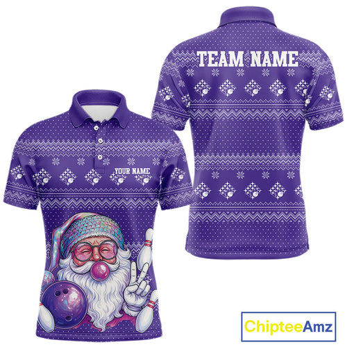 Custom Funny Santa Christmas Men Bowling Polo Shirts, Purple Xmas Bowling Team Outfit IPHW10141